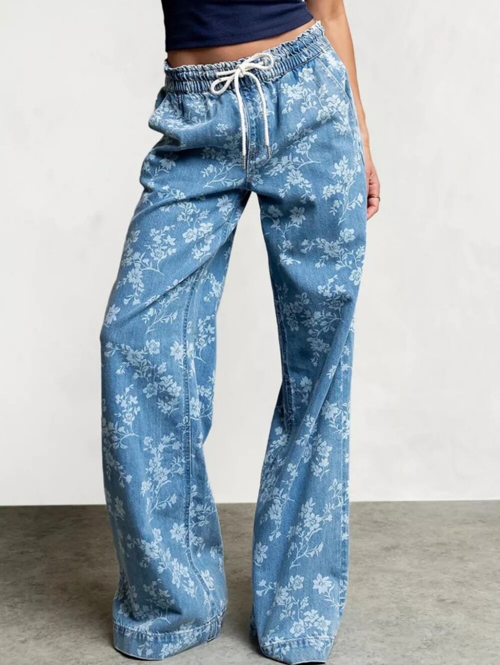 Drawstring Floral Wide-Leg Jeans